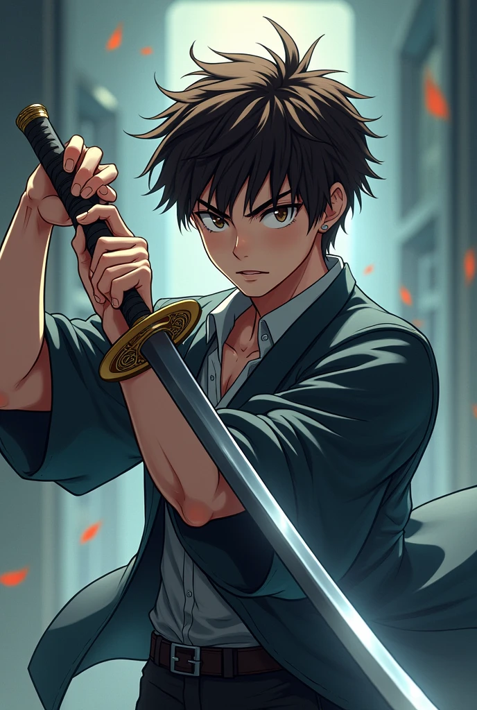 アニメ, beautiful boy , dark brown hair, katana, pourvoir du temps