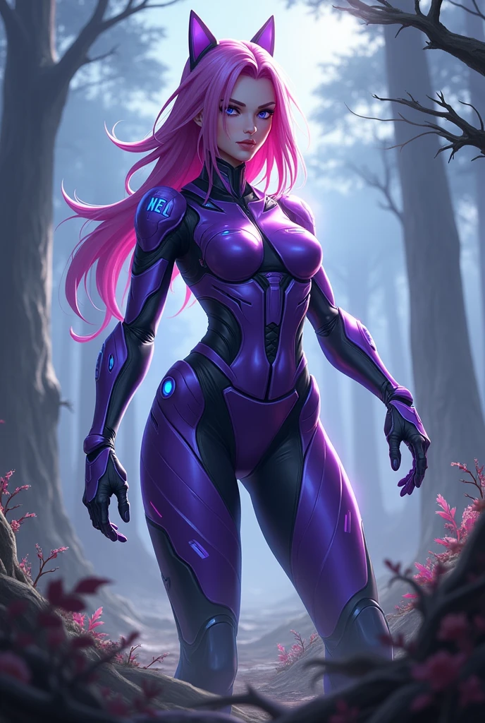 Generate a picture of Selena in mobile legends bang bang.
Outfit: violet and blue cybord body with very clear and not hidden print of "NEL".
Background:more realistic in war forest.