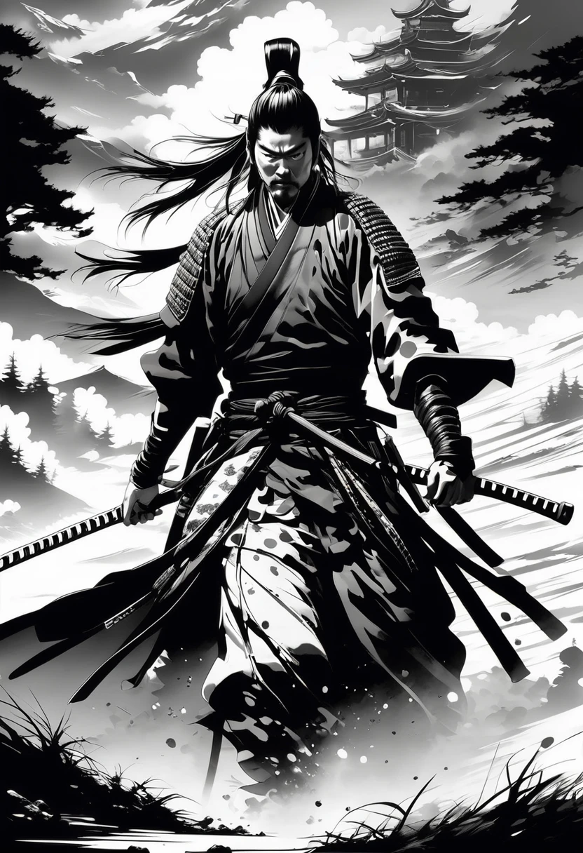 "katana!!! Black and white ink drawing of samurai on the battlefield, fog!!! epic mountain landscape!!! super high mountains!!! beautiful epic clouds, whistler, cinematic vision”, work of art, intrikate, insanely detaileda, art by Kim Jung Gi, Yoji Shinkawa, cara denning, james jean, paint dripping, ink spatter!!!!, textured!!!