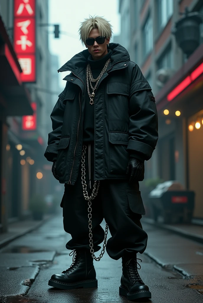 a trap artits, male, dark blonde hair, male, man, with oversized black clothes, chains, boots, with ghost in the shell anime references and images, big sunglasses, the background is a dark street