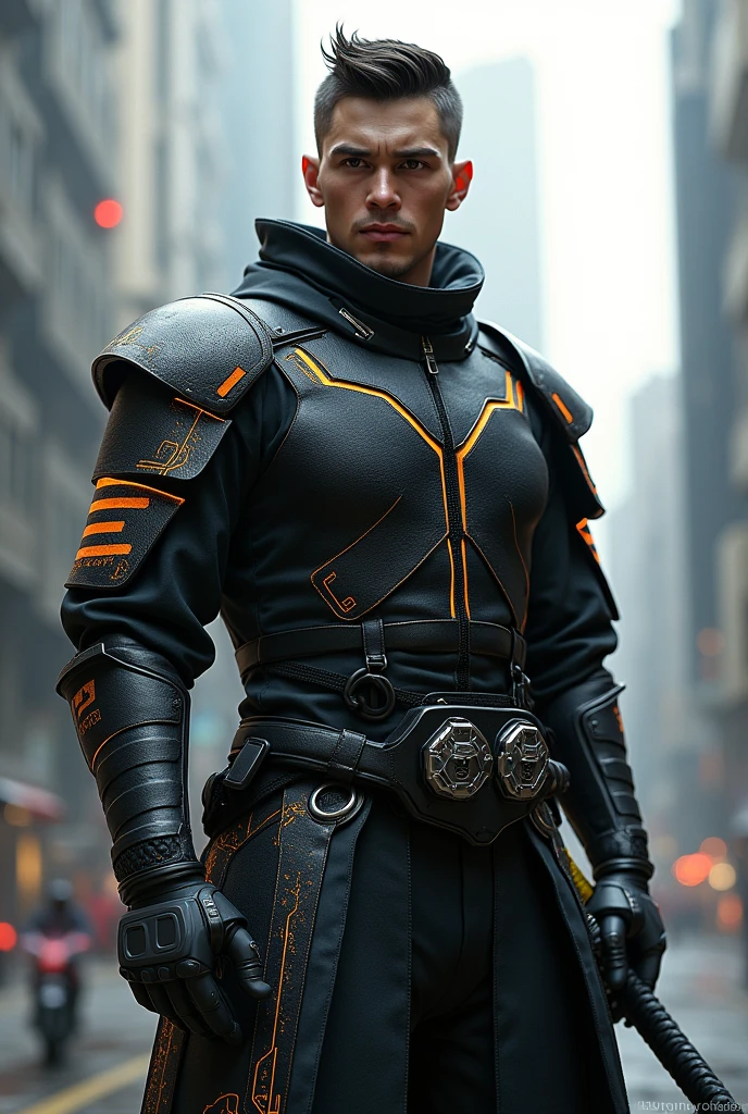 A modern samurai mixing original period attire with modern and futuristic 21st century military attire with a pistol holstered on his chest
