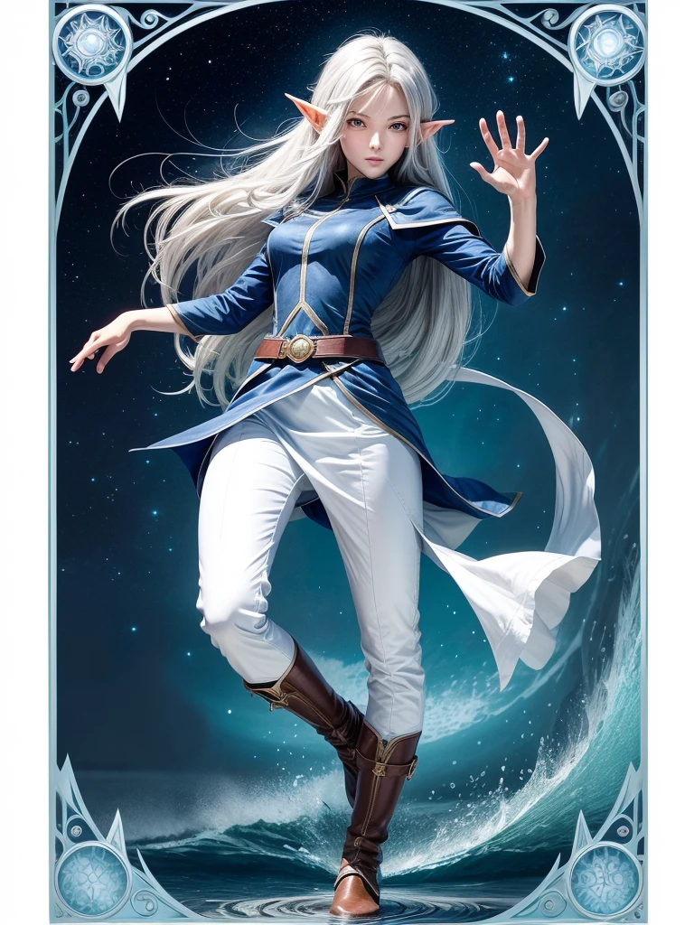 Professor Elowen Mistralight, a 2 elf, Delicate, medium-height elf with silver hair., mysterious and penetrating light blue eyes, He wears a tunic with drawings of wind and water., sky blue skinny pants, long, with navy blue riding boots, the boots reach the knee, a magic wand and a castle background, animated style. Individual image of her full body.. He is in action pose.. Has one leg raised with the knee bent., His mouth is slightly open as if he had been exercising a lot.... He has light skin. She has her hair loose and waving in the wind.... feminine and sexy body.