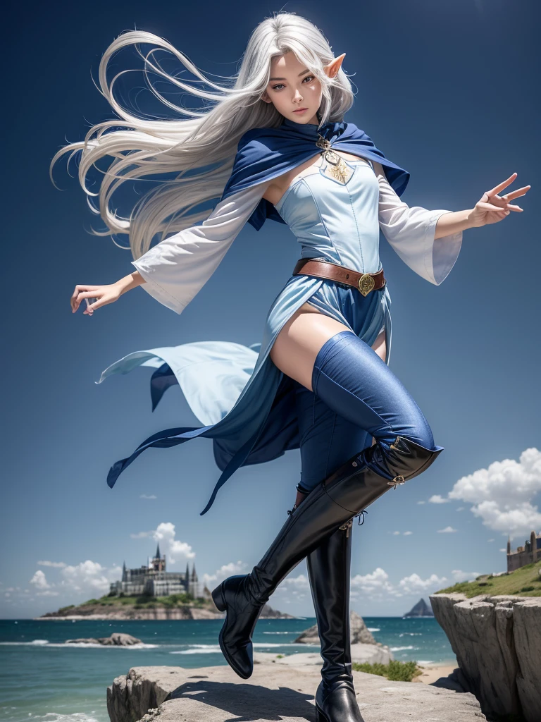 Professor Elowen Mistralight, a 2 elf, Delicate, medium-height elf with silver hair., mysterious and penetrating light blue eyes, He wears a tunic with drawings of wind and water., sky blue skinny pants, long, with navy blue riding boots, the boots reach the knee, a magic wand and a castle background, animated style. Individual image of her full body.. He is in action pose.. Has one leg raised with the knee bent., His mouth is slightly open as if he had been exercising a lot.... He has light skin. She has her hair loose and waving in the wind.... feminine and sexy body.