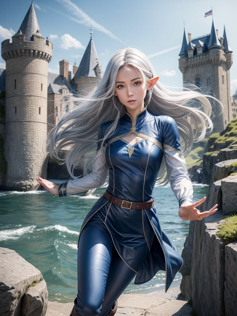 Professor Elowen Mistralight, a 2 elf, Delicate, medium-height elf with silver hair., mysterious and penetrating light blue eyes, He wears a tunic with drawings of wind and water., sky blue skinny pants, long, with navy blue riding boots, the boots reach the knee, a magic wand and a castle background, animated style. Individual image of her full body.. He is in action pose.. Has one leg raised with the knee bent., His mouth is slightly open as if he had been exercising a lot.... He has light skin. She has her hair loose and waving in the wind.... feminine and sexy body.