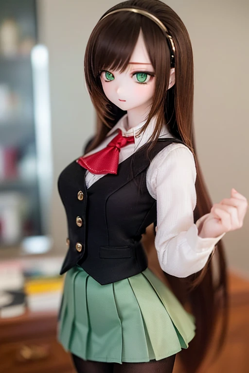 (SFW:2), photorealistic, realistic photo, 8k, ((highest quality)), ((masterpiece)), (extremely detailed), kukolnydom, doll, (mature woman, 21yo, 2, solo, room:1.6), ((cowboy shot, acrobatic pose, slim, slender, skinny, medium breasts, hairband, vest, ascot, dress shirt, long puff sleeves, pleated skirt, black pantyhose)), (green eyes, brown hair, long hair, plastic skin, looking at another, glass eyes, gradient eyes, shining eyes, detailed eyes:1.3)