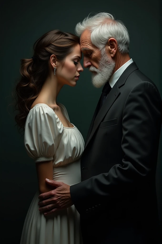 Horizontal image of a couple with age differences, a young woman and an old man. Image with realistic dark quality. 