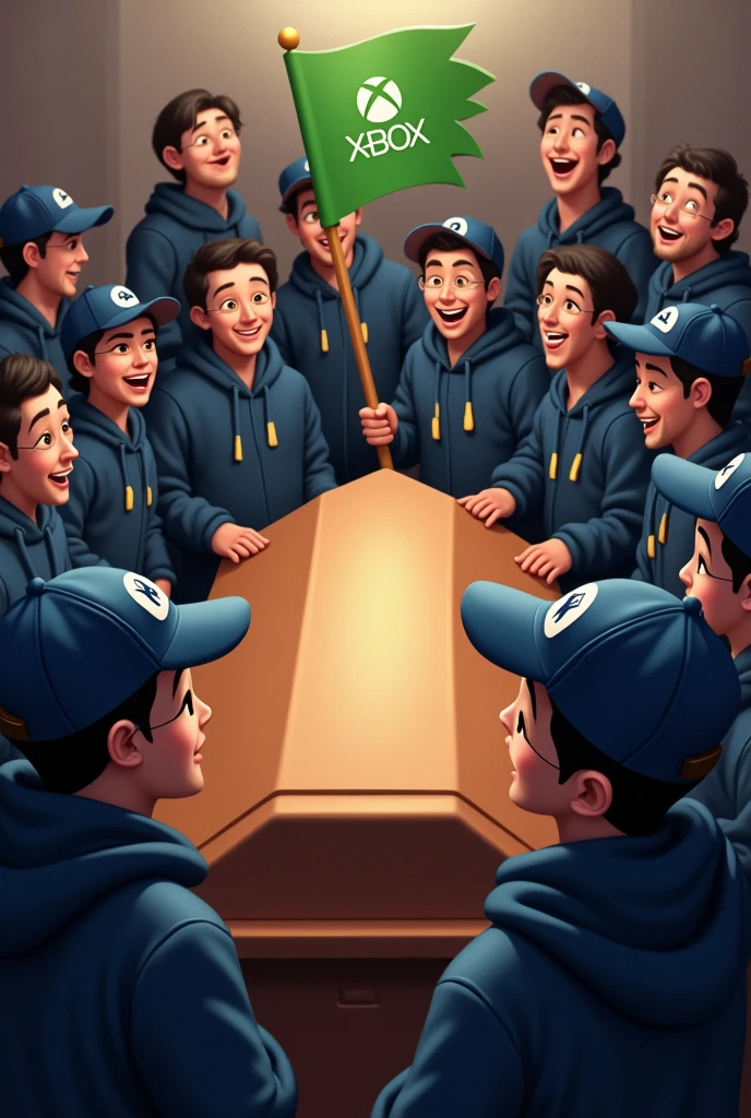 Create a realistic image of some people at a wake looking at a coffin wearing dark blue sweatpants and a blue cap with the PlayStation logo on the cap. These people are very happy and on the coffin there is a green flag with the initials XBOX..