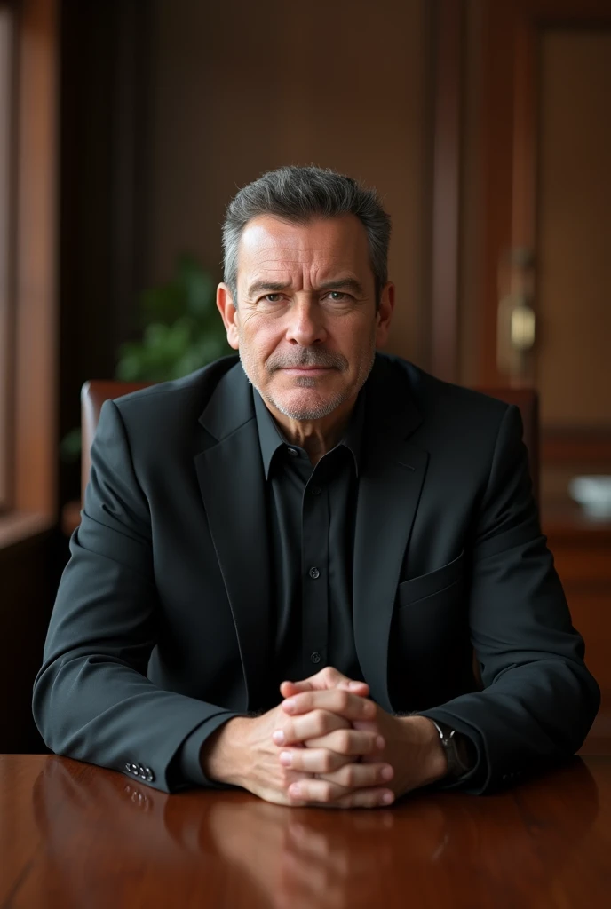 The boss is sitting at the table, dressed in black, 8ka