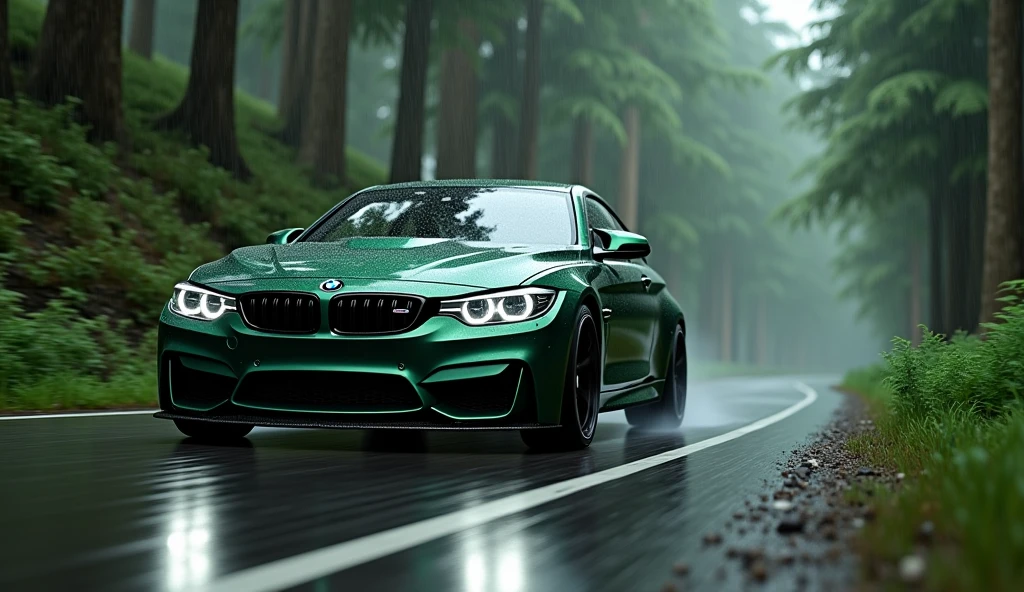 BMW M4 competition dark green colour on the road of forest with rain