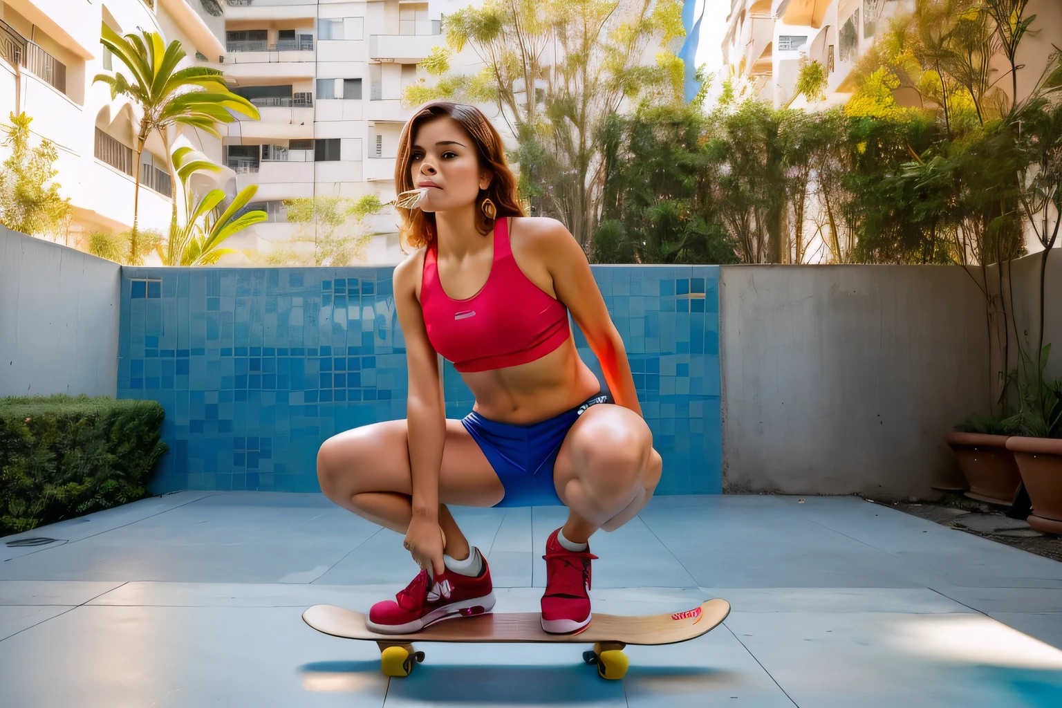 there is a woman standing on a skateboard in a courtyard, squatting down next to a pool, stretch, smoking with squat down pose, by Almada Negreiros, by Gina Pellón, by Amelia Peláez, outside, leg and hip shot, hunched shoulders, standing athletic pose, wearing red shorts, carola rubio, sao paulo