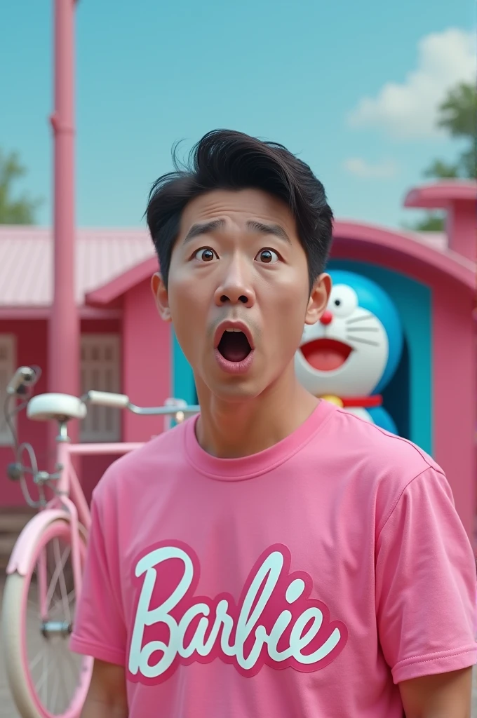 Korean man shocked reaction wearing a barbie themed pink shirt background pink bicycle and doraemon house