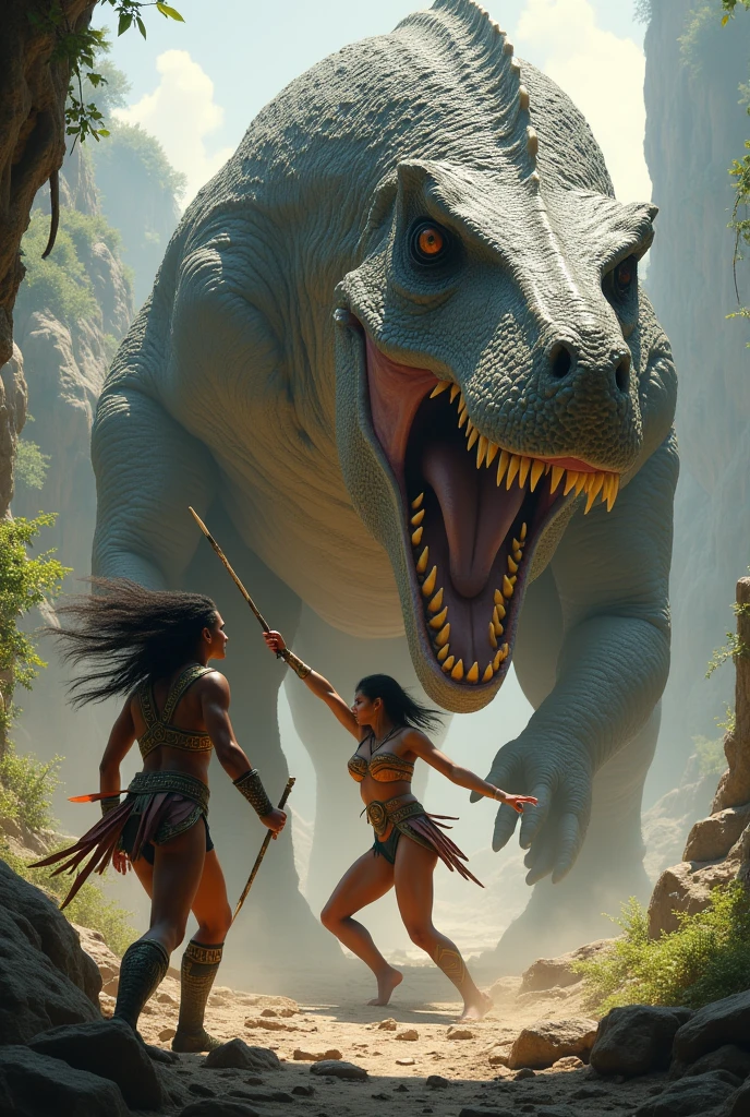 An Amazon warrior woman battles a dinosaur.