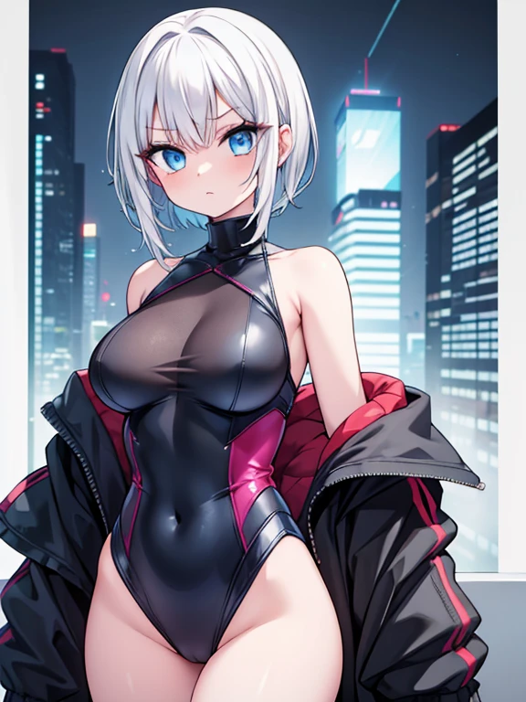 cyberpunk edgerunners, 1 girl, lucy (cyberpunk), bare shoulders, blue eyes, detailed bust, leotard, looking at viewer, medium bust, off-shoulder jacket, off-shoulder, red eyeliner, short hair, sleeveless turtleneck leotard, solo, turtleneck leotard, white hair, ((masterpiece)) (best quality, masterpiece)