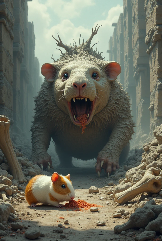 In the distance, in the center of the remains of one of the monsters, you noticed how the Guinea Pig was persistently skinning the carcass...