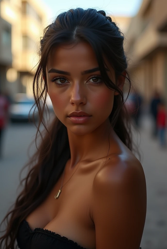 ((iraqi dark skin, iraqi attractive 1 teen)), ((her beauty is undeniable)), ((excited cute face)), ((hyper detailed perfect eyes,)), ((cute pose)), ((seductive )), sexy, (( ponytail hair,)), (( skin)), ((standing, front view)), ((outdoors, public city)), sharp focus cgi, photorealistic, high detail, realistic, masterpiece, absurdres, best quality, HDR, high quality, high-definition, extremely detailed, 8k wallpaper, intricate details, 8K uhd, Full-HD, (realistic photo:1.2), contrast, harsh lighting, cinematic lighting, natural lighting, hard light, backlighting, global illumination, ambient occlusion, naked, mole on chin, full body
