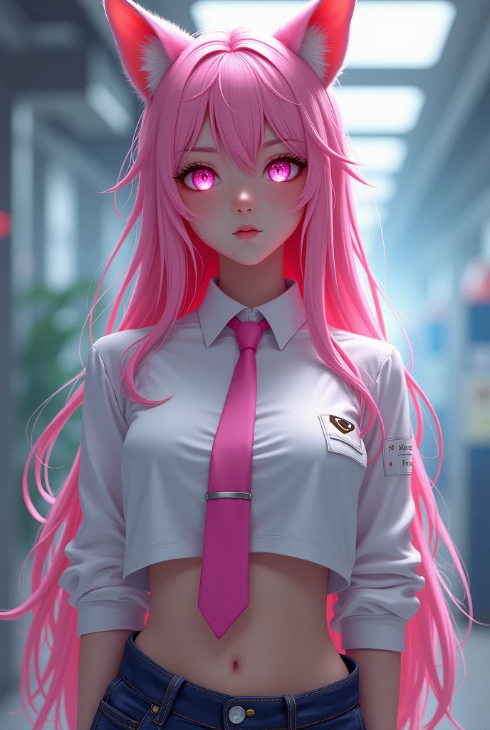 I have long hair　Pink Hair　Dog ears　Pink Eyes　Researcher　woman　Belly Show　By the chest or　Pink tie