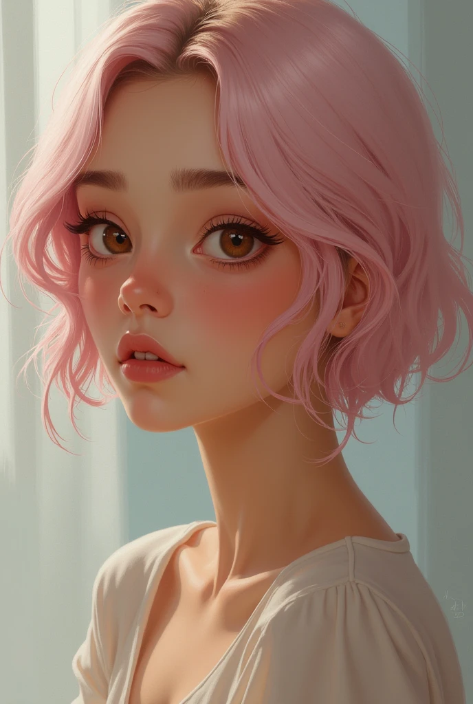 A woman named Alice,she has brown eyes, short light pink hair, and tan skin.