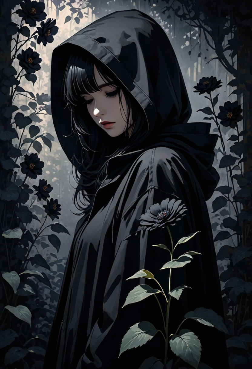 The image depicts a person wearing a dark hood that obscures much of their head. They have long, dark hair and are holding a black flower close to their face. The overall color palette of the image is dark and moody, with heavy shadows and a somber atmosphere. The clothing and the environment suggest a mysterious or gothic theme, with the black flower adding to the dramatic effect.