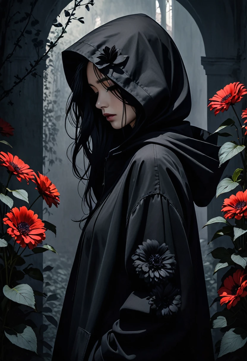 The image depicts a person wearing a dark hood that obscures much of their head. They have long, dark hair and are holding a black flower close to their face. The overall color palette of the image is dark and moody, with heavy shadows and a somber atmosphere. The clothing and the environment suggest a mysterious or gothic theme, with the black flower adding to the dramatic effect.