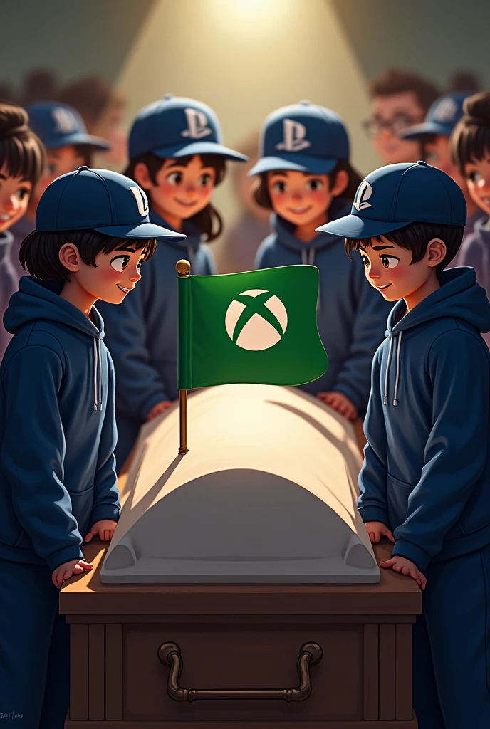 Create a realistic image of some people at a wake looking at a coffin wearing dark blue sweatpants and a blue cap with the PlayStation logo on the cap. These people are very happy and on the coffin there is a green flag with the initials XBOX..