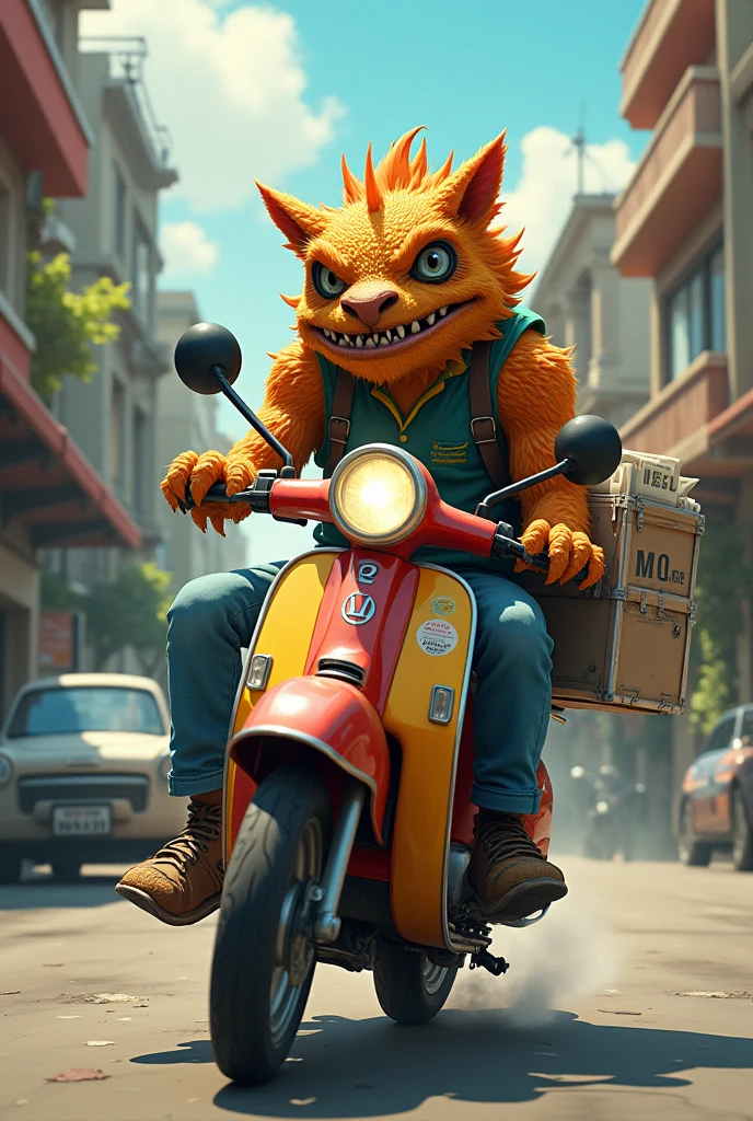 A cool monster who delivers newspapers on a Super Cub