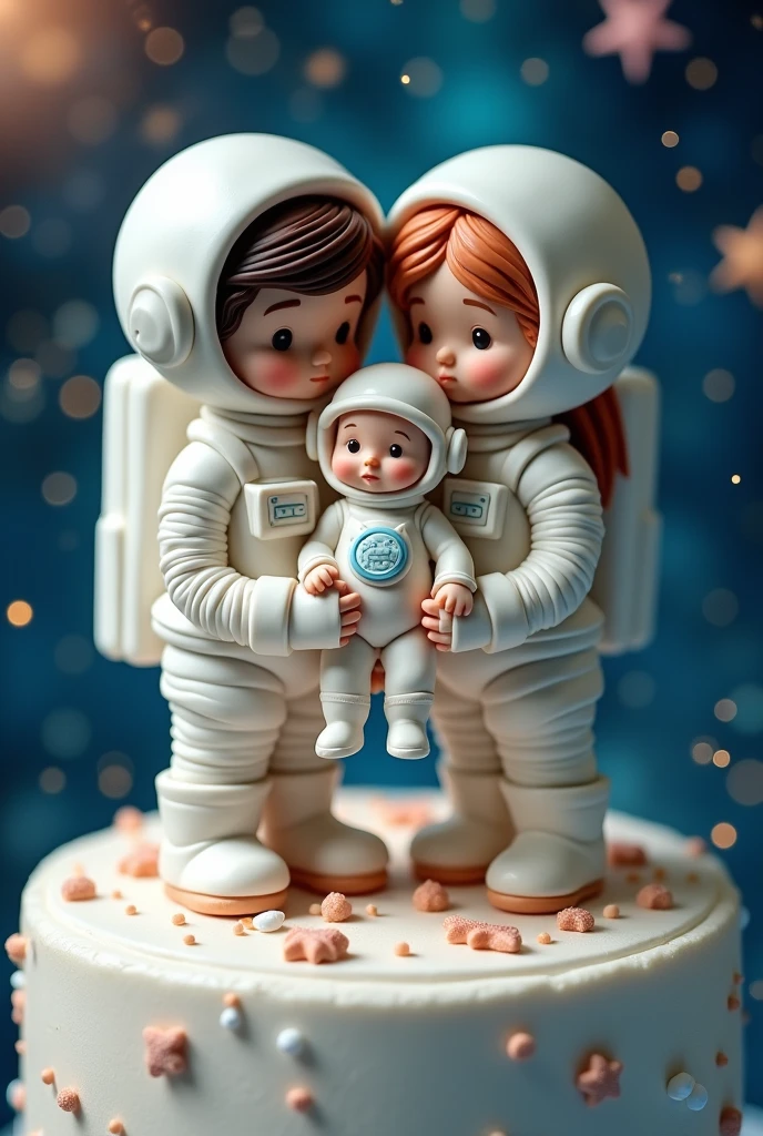 Cream cake with a baby shower boy theme topper with astronaut parents and an astronaut baby 