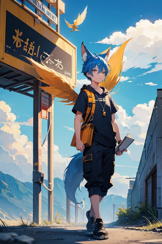fullbody, blue hair, yellow highlights, short hair, ahoge, fox ears, fox tail, long tail, fox, red, gold, grey, mail, courier, male, young boy, wings, sky, fantasy, paw, fluff