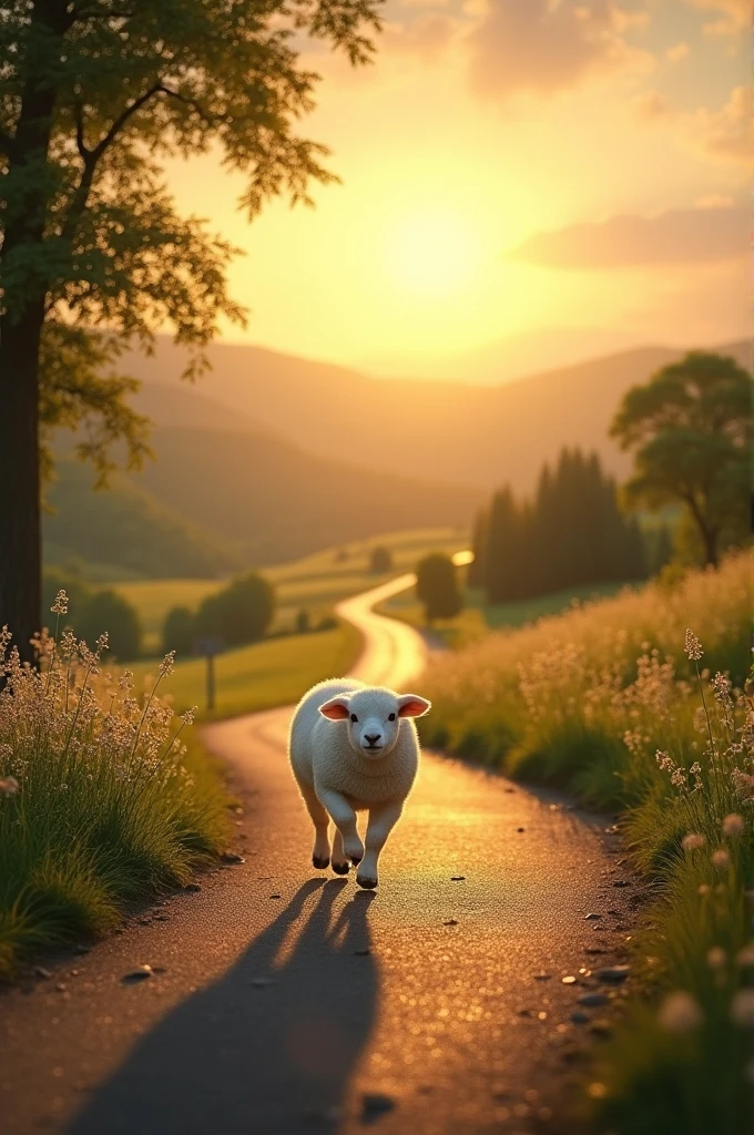 A landscape, a road and the beautiful morning sun and a little white lamb walking ahead and Jesus goes ahead of her