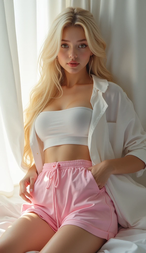 (((Perfect photo,photo,alone, Whitening & gentle skin,(((cyberpunk,short sleeve, Dolphin shorts, t-shirt, pink shorts, white shirt, , ))),(((There is Archadev., long hair, blonde hair, brown eyes,,))),((Masterpiece)),high resolution, ((Best quality at best)),Masterpiece,quality,Best quality,((( exquisite face,looking at the audience,There is light in the eyes,(((555,be happy,))),))),(((light and shadow,big breasts))),(((looking at camera,white background,lying on the floor,looking back at camera,from behind,Chubby ass))))