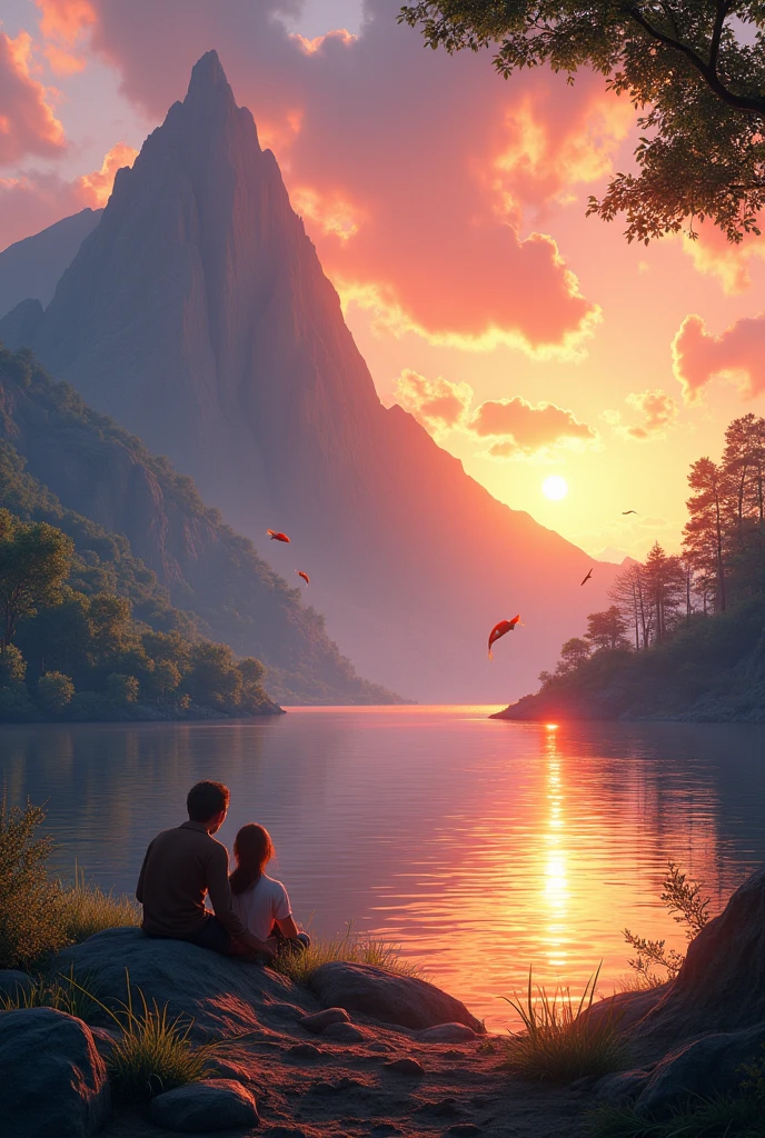 Imagine a large green landscape with a mountain and bright greenery at sunset next to an illuminated lake with several jumping fish and a couple sitting on the shore of the lake.