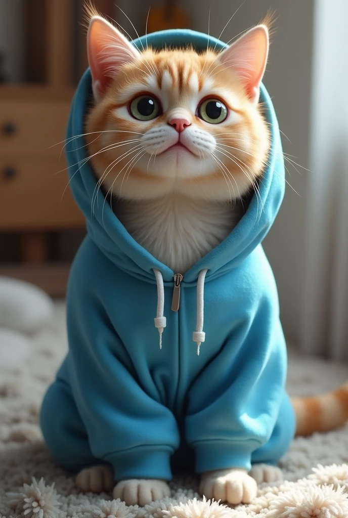 Cat wearing blue hoodie