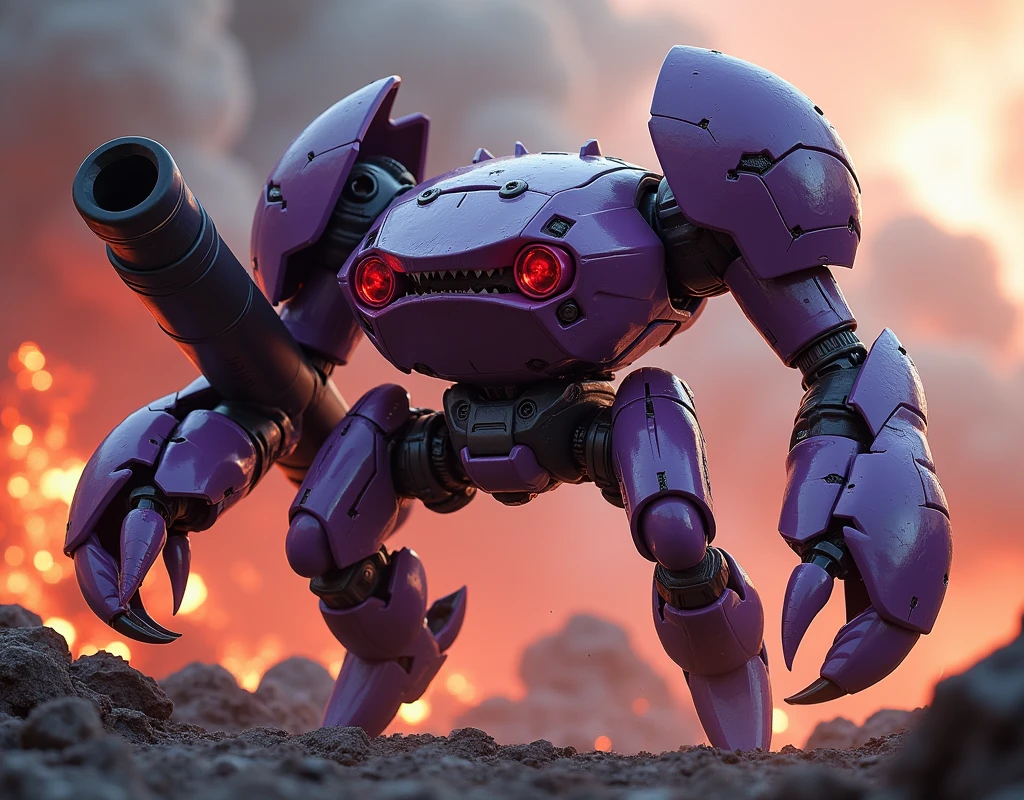 a highly detailed hexagonal prism robot with crab-like legs, red eyes, sharp teeth, a purple crab-shaped body, floating and flying. claw hand. high tech design. hulkbuster body. mecha robot. big bazooka.bettle dame effect. tilt shitfed photografer. lave background.