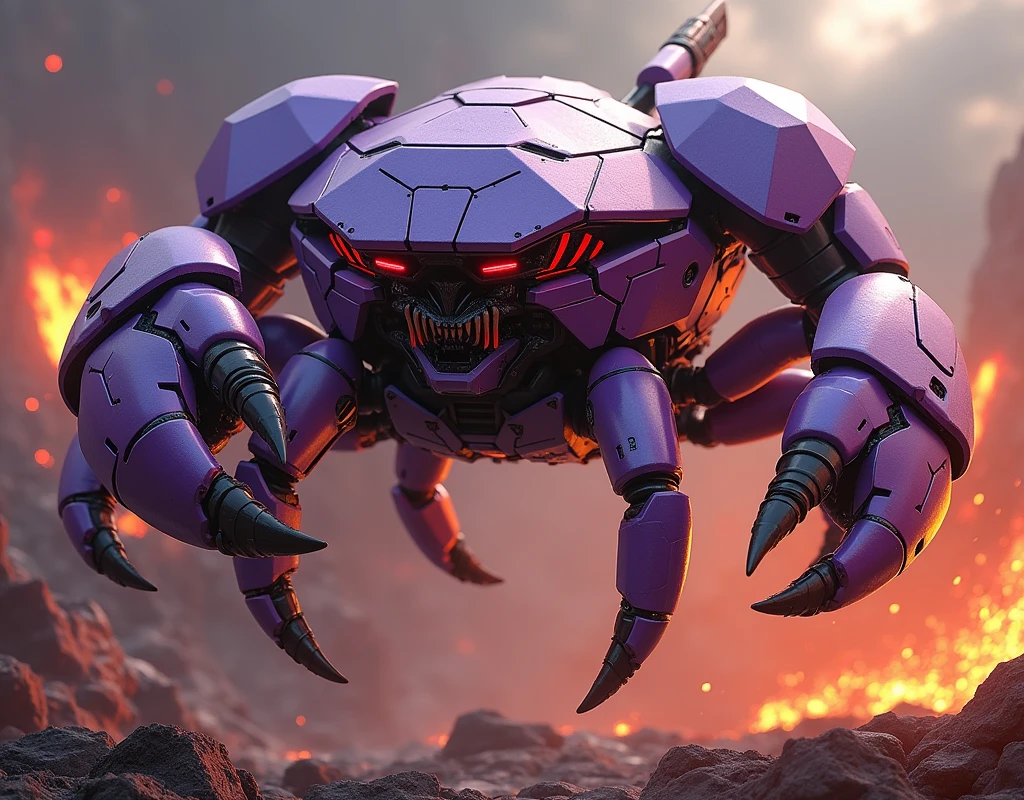 a highly detailed hexagonal prism robot with crab-like legs, red eyes, sharp teeth, a purple crab-shaped body, floating and flying. claw hand. high tech design. hulkbuster body. mecha robot. big bazooka.bettle dame effect. tilt shitfed photografer. lave background.
