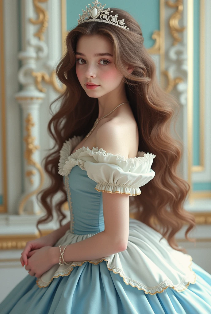A teenager with long brown hair with a beautiful face , have a tiara and wears a pastel white and blue gown with ruffles like the rococo era outfits , 