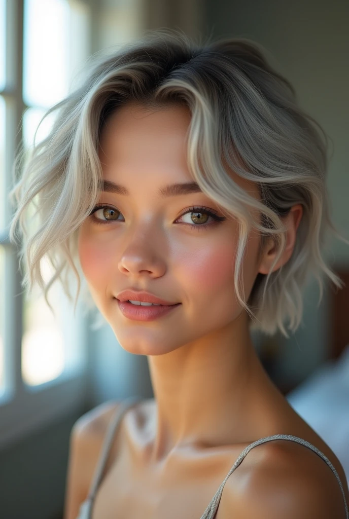 "Generate a hyper-realistic image of a young woman with short, wavy, silver hair that is parted on the side. She has a warm, natural complexion with soft makeup, including light blush and subtle lipstick. Her eyes are hazel, framed by well-groomed eyebrows. The expression on her face is calm and slightly curious, with a gentle smile. The background is softly blurred, focusing on the subject's face, and the lighting is natural, coming from a window on the side, illuminating her face softly, emphasizing the texture of her skin and the details of her hair." totally naked