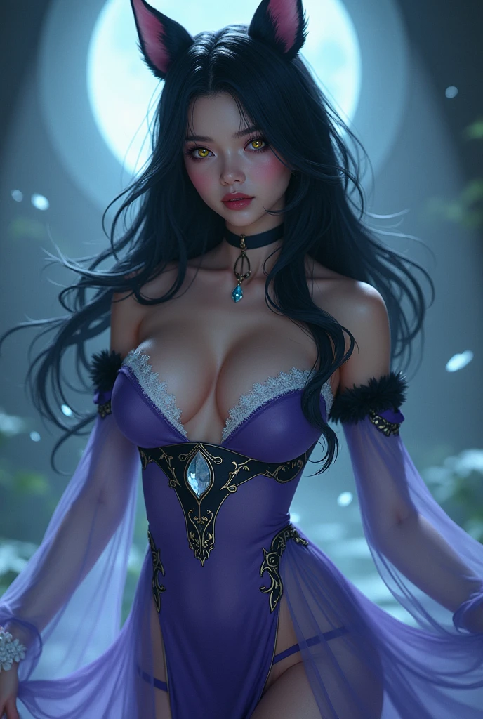 ahri_Cosplay, White Tails, Black long hair, yellow eyes, In the depths of Wonderland,The moonlight falls like water,foggy room,The figure of the heroine is vaguely visible,Just like the fairy in the painting,Slender sexy legs,Very nice legs,Leaking sexy legs,Beautiful big breasts with a hint of mystery。Her face is beautiful and delicate,Like finely carved jade,Showing otherworldly beauty。The eyebrows are picturesque,Long eyebrows to temples,The waves in my eyes are like twinkling stars,Show the light of perseverance and wisdom。The bridge of the nose is straight,Lip color like cherry,The slightly raised corners of the mouth reveal confidence and calmness。Her face is well defined,The skin is as fair as jade,Reveals a healthy glow,Not like a fairy'Don’t eat the fireworks of the world。Her makeup is light and delicate,Not too much embellishment,But enough to show her temperament and charm。Light-colored foundation brings out the transparency of the skin,A light eyebrow pencil outlines her perfect eyebrow shape,Eye makeup is eye shadow and eyeliner,Make her eyes brighter and more energetic。Lips painted with grace lipstick,Adds a bit of charm and sophistication。Her clothes are graceful and chic,Wearing white clothes to win the snow,Clothes flutter,It seems like it will be blown up by the wind at any time,drifting into the distance。Beautifully embroidered patterns on clothes,Without losing grace,Also showed her extraordinary skills。A wide belt is tied around the waist,There is a crystal clear jade pendant hanging on it,Rocking with her movements。Her hair is tied back casually,Secure it with a hosta,A few strands of hair are fluttering gently in the wind,Adds a bit of softness。Her figure is looming in the fairyland,Like a landscape of Beautiful big breasts,attracted everyone's attention。She seems to be an elf in fairyland,Indian girls