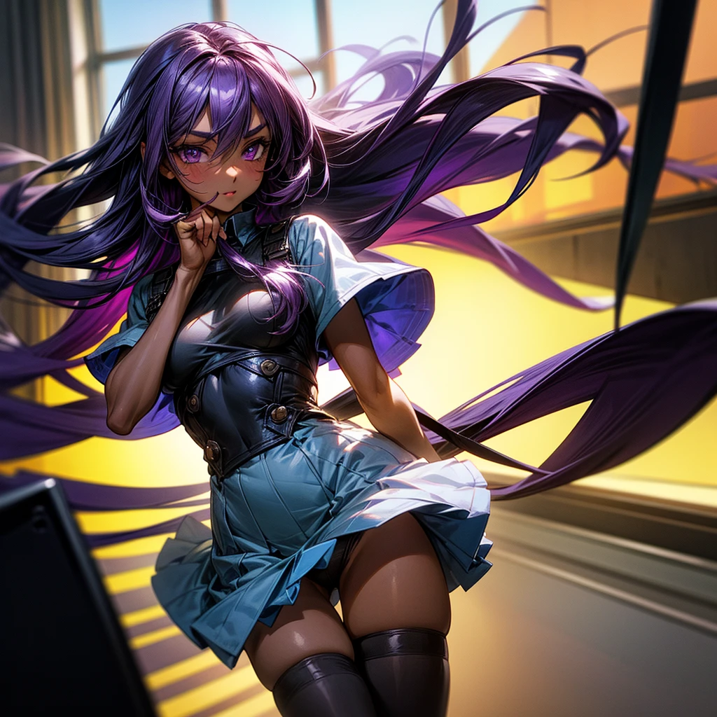 1girl, long hair, solo, purple hair, breasts, thighhighs, looking at viewer, window, very long hair, dark-skinned female, purple eyes, dark skin, classroom, short sleeves, hair between eyes, sky, thigh gap, blush, thighs, indoors, bangs, hair intakes, cloud, black legwear, cowboy shot, eyebrows visible through hair, high quality, 4k, 8k, highres, masterpiece:1.2, ultra-detailed, realistic, photorealistic, photo-realistic:1.37, HDR, UHD, studio lighting, ultra-fine painting, sharp focus, physically-based rendering, extreme detail description, professional, vivid colors, bokeh, portrait