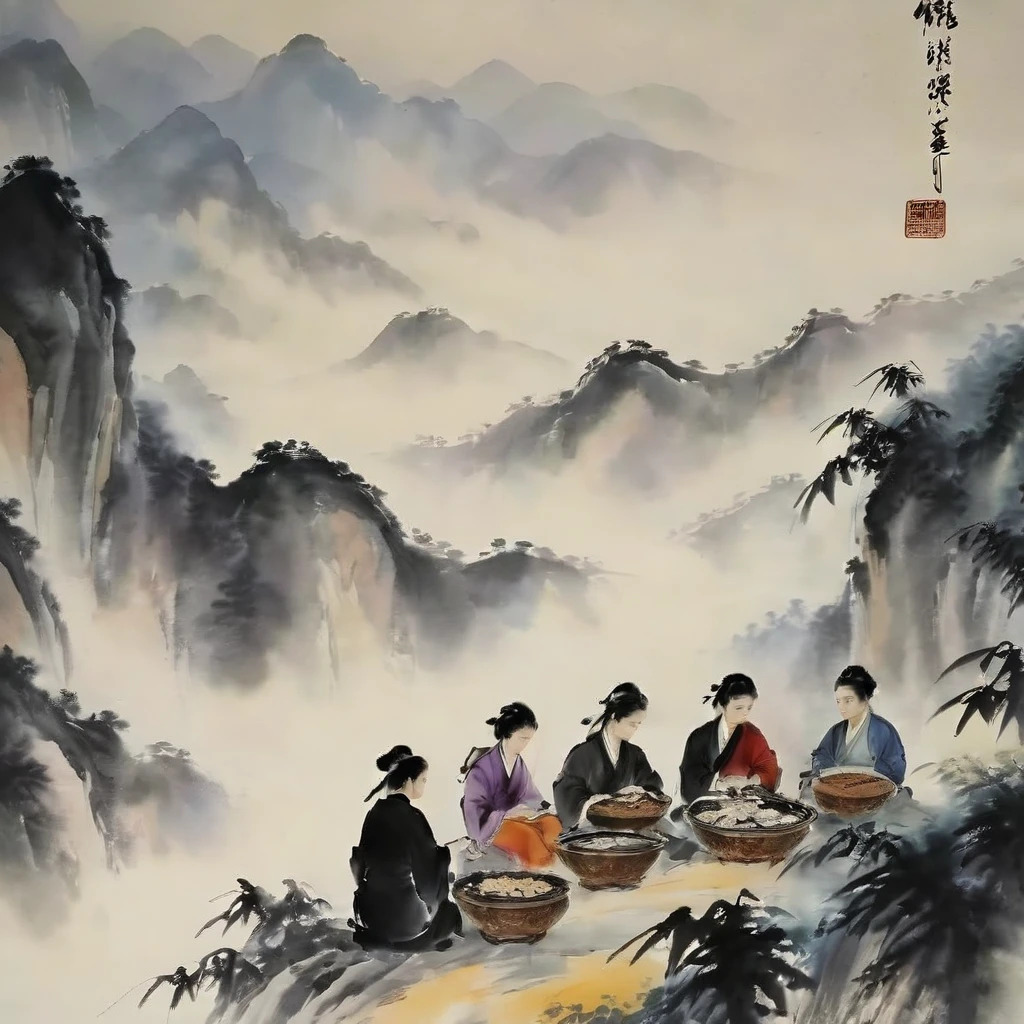 Ink Painting, Chinese ink painting style, modern style, Watercolor style, dyeing, Black and White Art, The Minimalists, 8K, Ultra-fine details, Surrealism, masterpiece, best quality. A poetic and serene landscape painting in traditional Chinese ink painting style, Depicting a group of ancient people having a meal in the mountains, Rendered with delicate ink strokes and subtle watercolor tones.