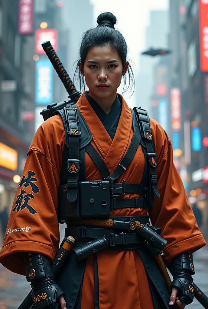 A modern Asian samurai mixing original period attire with modern and futuristic 21st century military attire with holstered pistol 