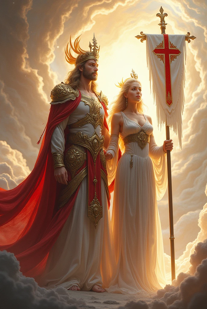 God and Goddess of neutrality with white red and gold
Both of them are protector one with a banner with the red cross the other a shield inspired by the red cross