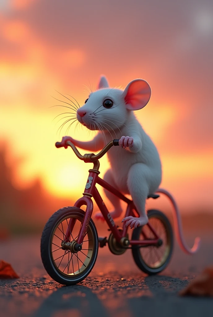 White rat on a bike during sunset
