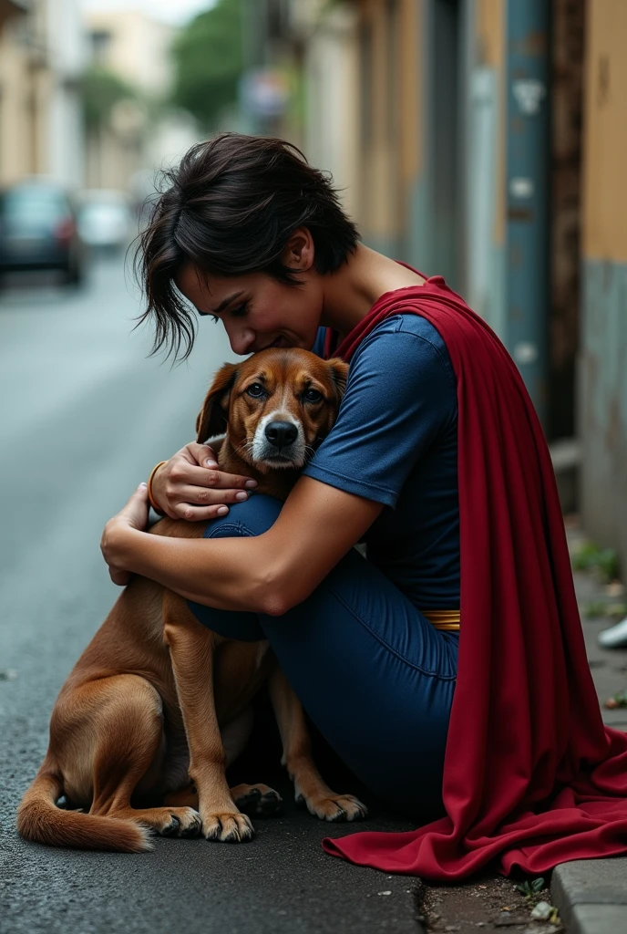 Brunette woman with short messy hair, wearing a superman costume, physically strong, sitting on the asphalt street, Hugging a dog, Grieving, side perspective, sobbing. brazil.