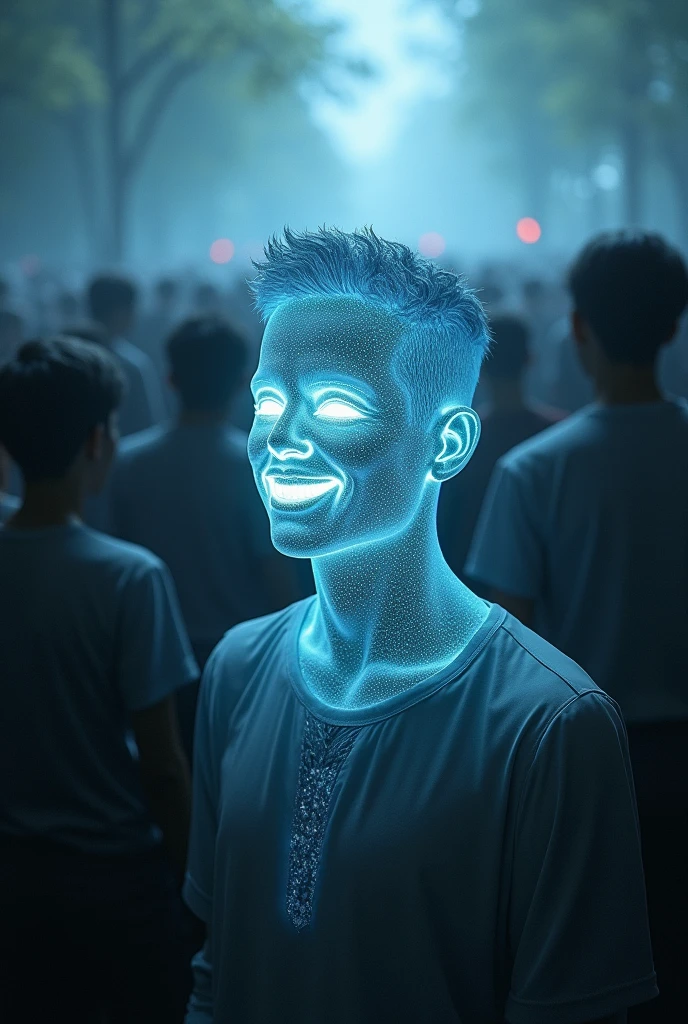 A man in the middle of thousand people but only him has a crystal face , shinning , glowing like a crsytal, he is smilling , those people Shadow surround him