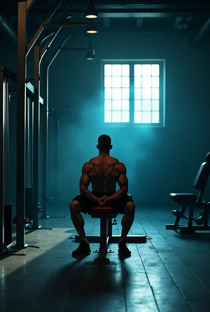 a wide image of a gym with only one person sitting on a bench press, with a soft blue light coming from the window, cinematic lighting, highly detailed, photorealistic, 8k, award winning image, dramatic lighting, moody atmosphere, industrial interior, concrete walls, metal equipment, wood floor, natural light, glowing blue tint, muscular man resting, ultra realistic, intricate details, perfect studio lighting