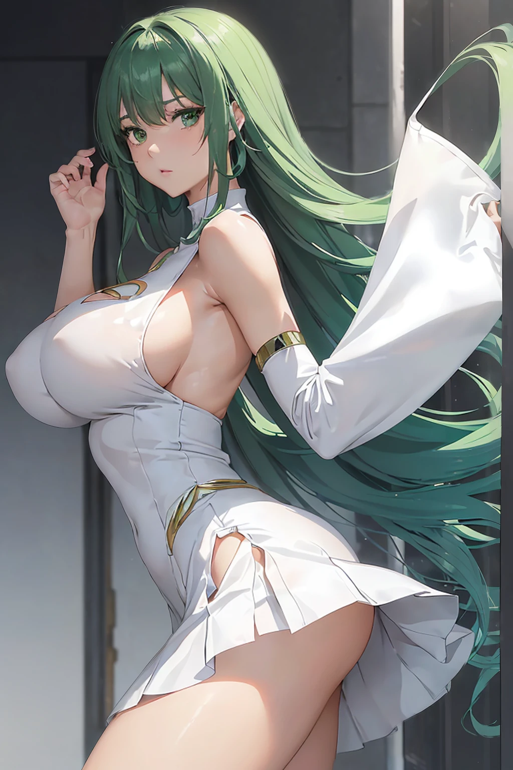 (girl1),(woman1)(Breakdomain style 2d anime),,(Solo portrait of a girl:1,5),(slender body),(structured),(hot),(mature and sexual body),(big ass), (mature and sexual body ), (slender body), (physical attributes such as large breasts and ass), (Breakdomain),(white skin color), (super mega hyper gigantic breasts: 1.5), (with long green hair), (green eyes ),(an 1 woman, with white socks),(wearing),+,(and a sexy dress, dressed in a heroine costume consisting of a white sleeveless jumpsuit with a super short white skirt that is tight and straight at the back front and straight at the back breast size, they are size AA+),(Super short skirt:1.5)