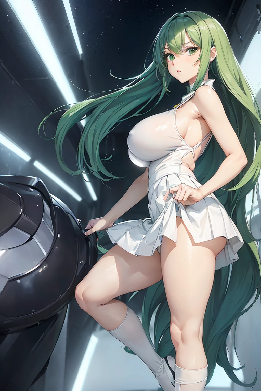 (girl1),(woman1)(Breakdomain style 2d anime),,(Solo portrait of a girl:1,5),(slender body),(structured),(hot),(mature and sexual body),(big ass), (mature and sexual body ), (slender body), (physical attributes such as large breasts and ass), (Breakdomain),(white skin color), (super mega hyper gigantic breasts: 1.5), (with long green hair), (green eyes ),(an 1 woman, with white socks),(wearing),+,(and a sexy dress, dressed in a heroine costume consisting of a white sleeveless jumpsuit with a super short white skirt that is tight and straight at the back front and straight at the back breast size, they are size AA+),(Super short skirt:1.5)