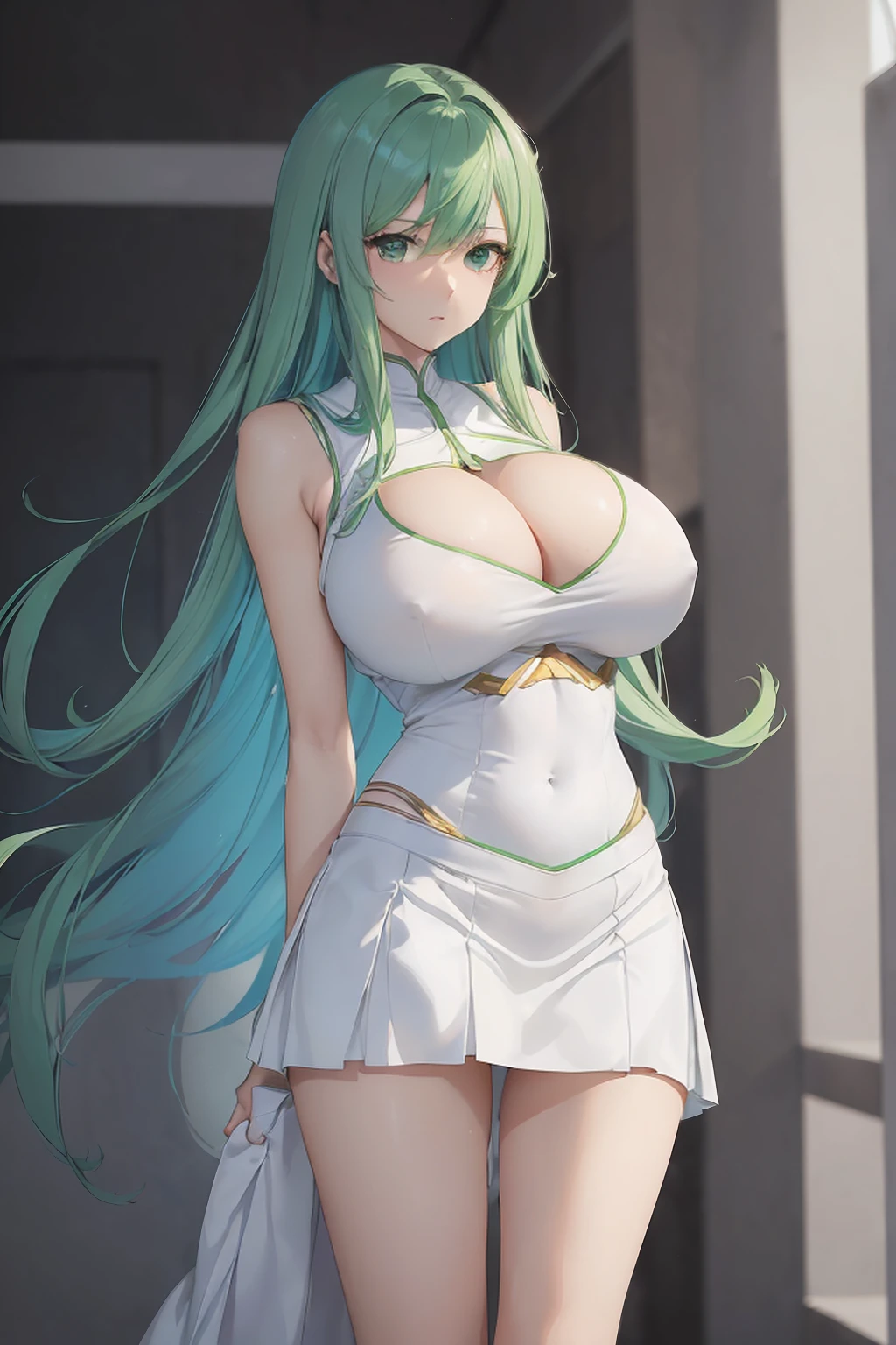 (girl1),(woman1)(Breakdomain style 2d anime),,(Solo portrait of a girl:1,5),(slender body),(structured),(hot),(mature and sexual body),(big ass), (mature and sexual body ), (slender body), (physical attributes such as large breasts and ass), (Breakdomain),(white skin color), (super mega hyper gigantic breasts: 1.5), (with long green hair), (green eyes ),(an 1 woman, with white socks),(wearing),+,(and a sexy dress, dressed in a heroine costume consisting of a white sleeveless jumpsuit with a super short white skirt that is tight and straight at the back front and straight at the back breast size, they are size AA+),(Super short skirt:1.5)