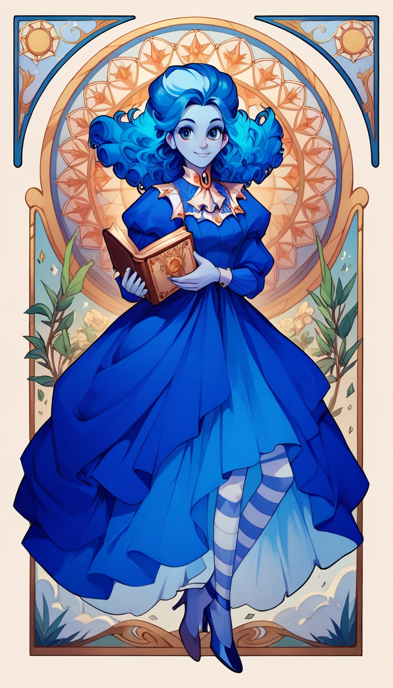 masterpiece, art nouveau, frankelda, 1girl, solo, dress, striped, blue hair, puffy sleeves, high heels, colored skin, floating, cute smile, holding a book against her chest