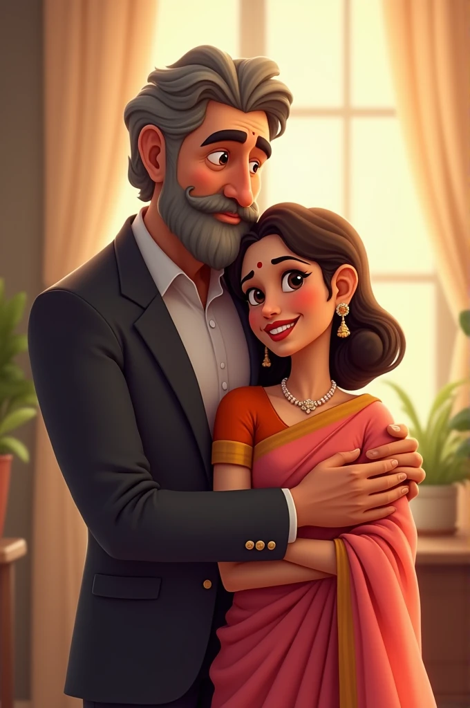 

"A romantic and lovely cartoon scene featuring a mature man with a beard, dressed in a suit, standing behind a woman who is wearing a saree and blouse. The woman leans on his chest while the man, with a mature and confident expression, gently embraces her from behind. The man’s appearance is distinctly mature, avoiding any childish or boyish traits. The scene captures an intimate, warm moment with soft lighting and pastel tones. The background is softly blurred, emphasizing the cozy and romantic atmosphere with a realistic yet charming cartoon style."