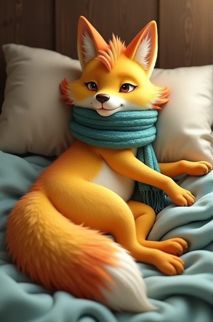 A golden yellow dingo-fox hybrid anthropomorphic furry character who wears a blue-green striped scarf, lying in bed